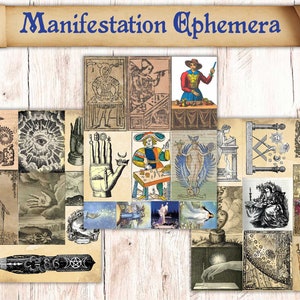 28 Coisas efêmeras do Junk Journal com tema de manifestação para impressão. Ilustrações de alquimia para Grimório / Livro das Sombras / Livro de Feitiços. Cartões de registro no diário