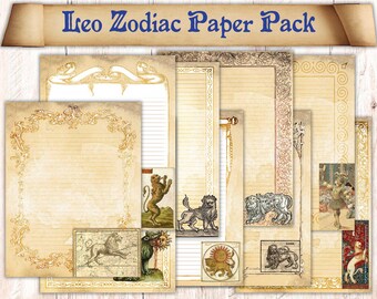 20 Pages Leo Zodiac Themed Book of Shadows Paper. Binder Refill Pages Download. Astrology Spellbook Illustrations. Printable Paper Pack