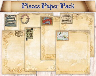 20 Pages Pisces Zodiac Themed Book of Shadows Paper. Binder Refill Pages Download. Astrology Spellbook Illustrations. Printable Paper Pack