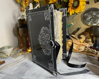 Vintage Leather Style Book Of Shadows Blank Grimoire Journal. Black Pleather Bound Diary W/ Aged Parchment Pages. Antiqued Witch Spell Book