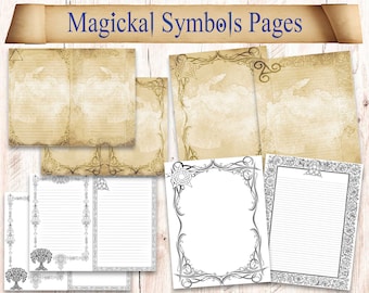 288 Book of shadows binder printable pages w/ pagan symbols. Digital witchcraft spellbook paper pack download. Grimoire journal sheets.