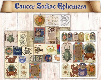 38 Printable Cancer Zodiac Themed Junk Journal Ephemera. Astrology Journaling Cards Illustrations  For Grimoire/ Book Of Shadows/ Spell Book