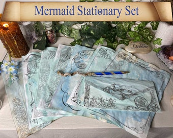 16 Piece Set Of Handmade Mermaid Stationary or Sea Witch Book of Shadows Pages and Petition Envelopes  with  Vintage Nautical Illustrations