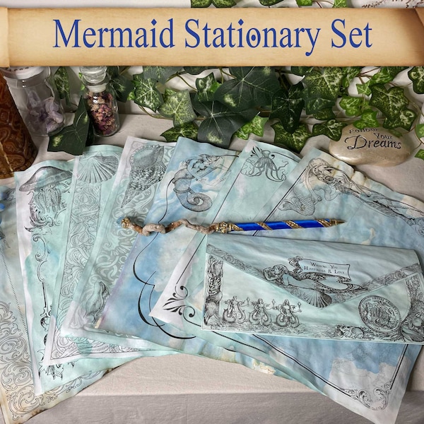 16 Piece Set Of Handmade Mermaid Stationary or Sea Witch Book of Shadows Pages and Petition Envelopes  with  Vintage Nautical Illustrations