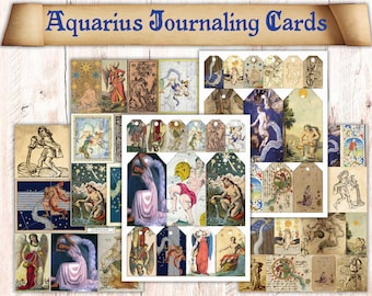 60 Printable Aquarius Zodiac Themed Junk Journal Ephemera. Astrology Journaling Cards Illustrations  For Grimoire/ Book Of Shadows