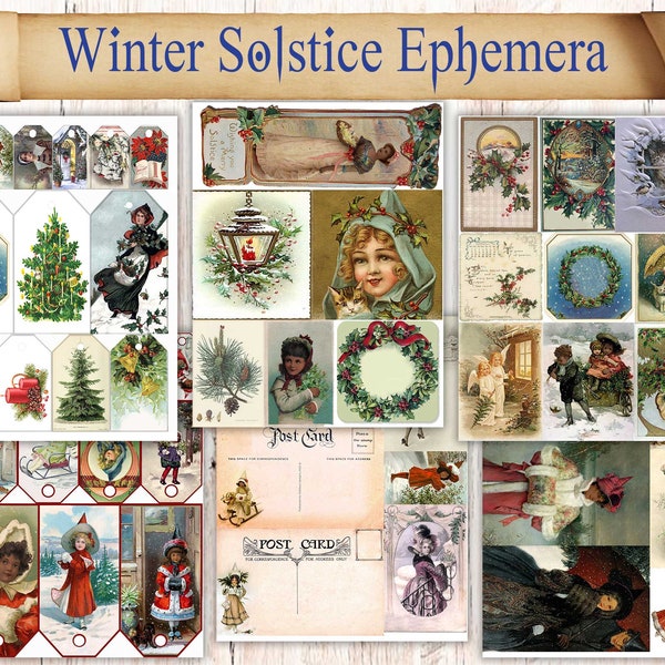 47 Printable Winter Solstice Junk Journal Ephemera For Ur Grimoire, Book Of Shadows / Spell Book. Vintage Christmas Cards. Holiday Gift Tags