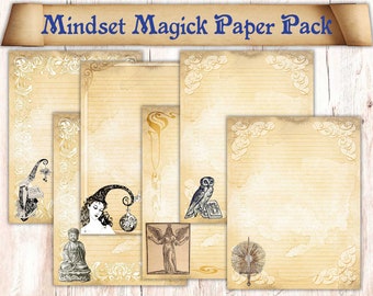 Papier de 20 pages sur le Livre des ombres sur le thème Mindset Magick. Téléchargement de pages de recharge pour reliure. Illustrations de grimoires universitaires. Paquet de papier imprimable