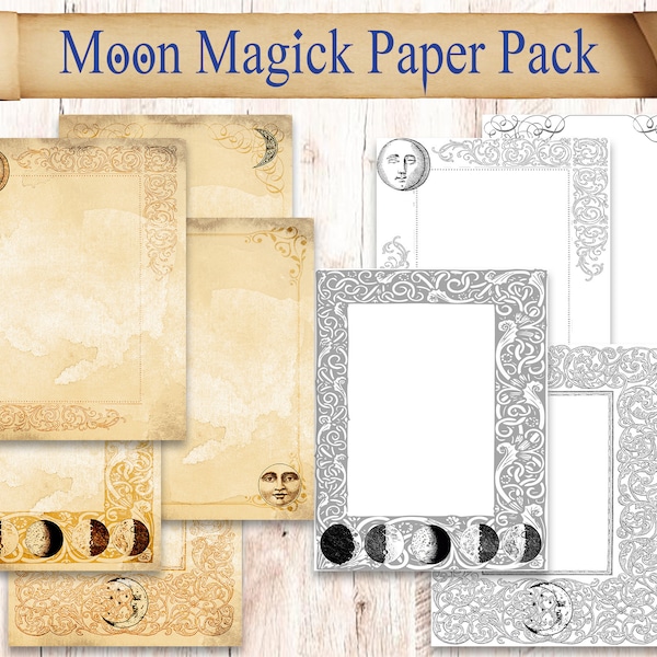 Lunar book of shadows pages with vintage moon symbols. Moon phase spellbook paper pack. Blank grimoire journal sheets. Moon Phases Astrology