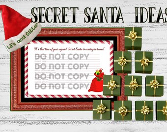 May include: A printable Secret Santa gift exchange idea sheet with a red and white striped border. The sheet has the text "DO NOT COPY" repeated four times. The sheet is framed in a red wood frame. There are eight small green gift boxes with gold ribbon and bows on a white wood background.