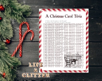 May include: A printable Christmas Carol trivia game with 20 questions. The game features a black and white illustration of a fireplace with stockings hanging from it. The text "DO NOT COPY" is repeated throughout the page.