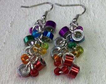 Earrings- Recycled Knitting Needle & Glass Beads, Rainbow "Not So Simple"