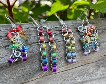 Earrings- Recycled Knitting Needle & Glass Beads, Rainbow / Pastel ‘Extra Bling’