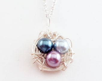 Custom Bird Nest Necklace, Choice of 12 Colors, Three Glass Beads in Your Choice of Colors, Wire Nest, Chain included