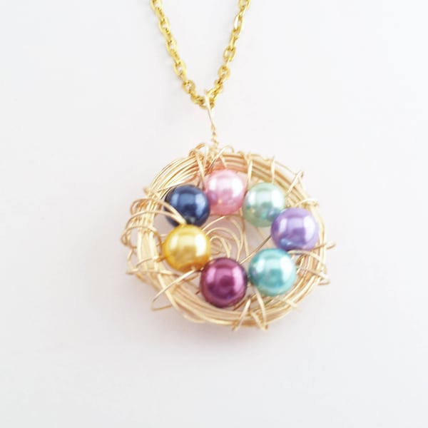 Custom Birthstone Bird Nest Necklace, 2-7 Beads, 3 Wire Color Choices, Grandmother, Mother, Glass Beads