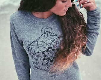 Metatron ~ Eco Long Sleeve Thermal ~ Metatron&#39;s Cube ∙ Psychedelic Shirt ∙ Sacred Geometry ∙ Platonic Solids ~ Mens Unisex