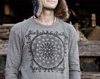 Tibetan Mantra Organic Thermal ~ Made in the USA ~ Geometric shirt, sacred geometry clothing, Yoga wear, mandala clothing, Om mani padme hum