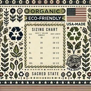 May include: A sizing chart for organic, eco-friendly, USA-made clothing. The chart shows chest and body length measurements in inches for sizes S through 3XL. The chart is surrounded by a decorative border of flowers, stars, and recycling symbols.