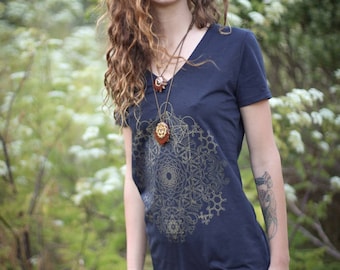 Vector Mandala Hemp V-Neck ~ Made in the USA, Flower Of Life Shirt ~ Metatron's Cube ~ Psychedelic Shirt ~ Sacred Geometry ~ Ladies shirt