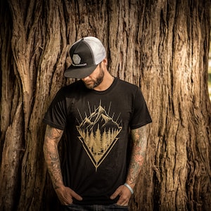Geo-Mountain Organic T-shirt - Made in the USA - Camping Shirt - Men&#39;s Mountain Shirt - Outdoors T-Shirt - Environmental Shirt - Tee
