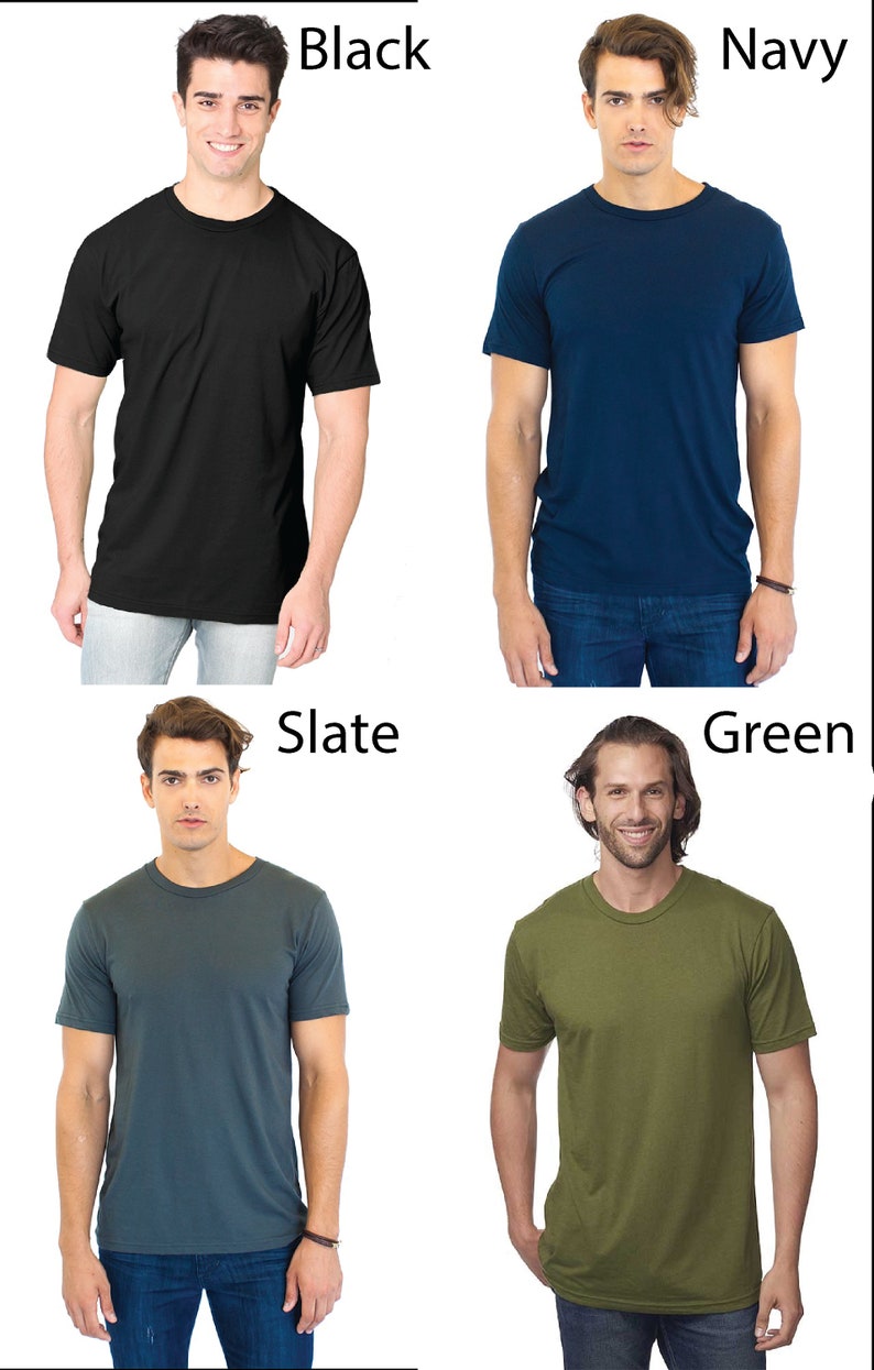 May include: Four men's t-shirts in different colors: black, navy, slate, and green. The shirts are all crew neck and short-sleeved.