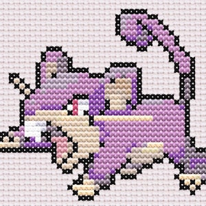 May include: Cross-stitch design of a cartoon cat in shades of purple, tan, and black. The cat is in a playful pose with its tongue sticking out. The background is a light beige fabric.