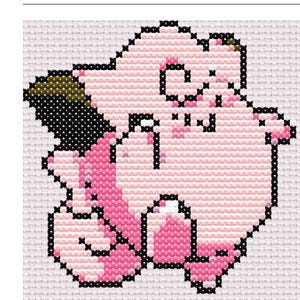 Könnte beinhalten: Kreuzstichmuster mit einem rosa Clefairy-Charakter mit schwarzen und rosa Akzenten. Das Design befindet sich auf einem hellrosa Stoff und zeigt den pixeligen Kunststil der Kreuzstichtechnik.