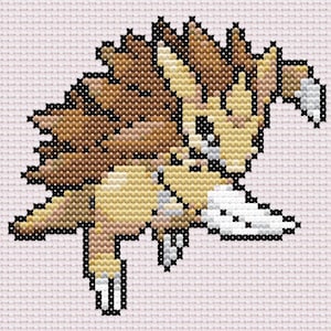 May include: Cross-stitch pattern of a cartoon creature with a spiky back, in shades of brown, tan, and white, on a light pink background. The design is made with small, square stitches, giving it a pixelated appearance.