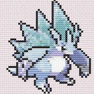 May include: Cross-stitch design of a pixelated creature in blue, teal, and white, with a black outline. The design is on a light pink fabric, giving a handmade look. The creature has a spiky, wing-like structure, typical of a fantasy character.