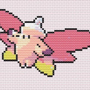 May include: Cross-stitch pattern of a whimsical creature with pink wings and a light peach body. The design features black outlines and accents of purple and yellow, set against a light pink background.