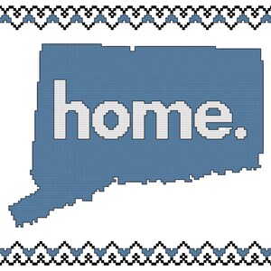May include: A blue outline of the state of Connecticut with the word "home" in white text inside. The outline is surrounded by a black and white border.