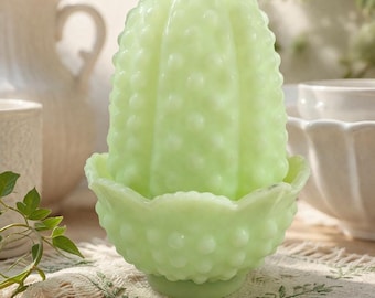 Vintage Fenton Hobnail Satin Glass Jadeite Green Fairy Lamp