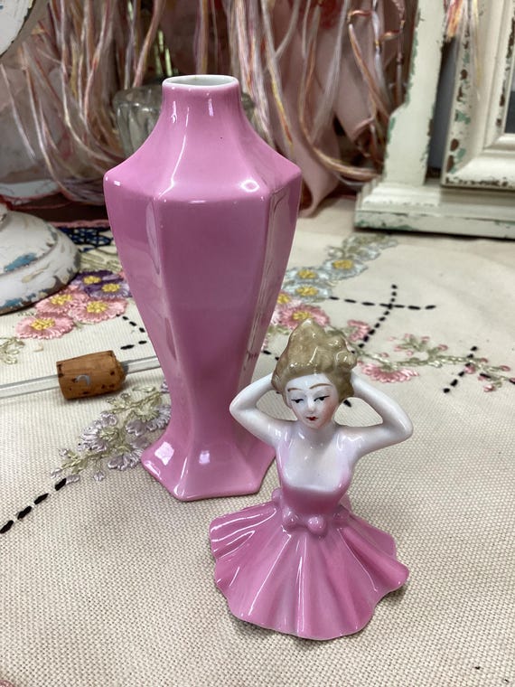 Antique Pink porcelain Flapper doll perfume bottle, Germany