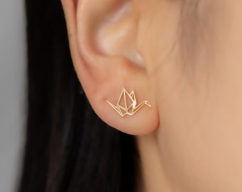 TSURU/ Silver Origami Crane Sud Earrings, casual unique jewelry, Japanese special gift