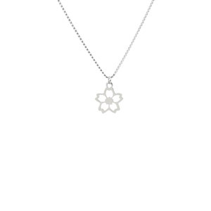 May include: A silver necklace with a floral pendant. The pendant is a five-petal flower design with a small, circular centre. The chain is a fine, box-style chain. The necklace is shown against a white background.