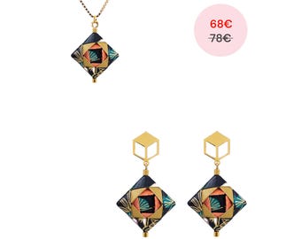 MOSAIC SET/ 925er Silver Origami Stud earrings, Jewelry set, water resistant Japanese paper