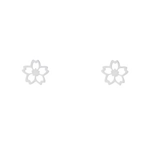 May include: A pair of silver-coloured flower-shaped stud earrings. Each earring has a five-petal design with a small, circular centre. The earrings are set against a white background.