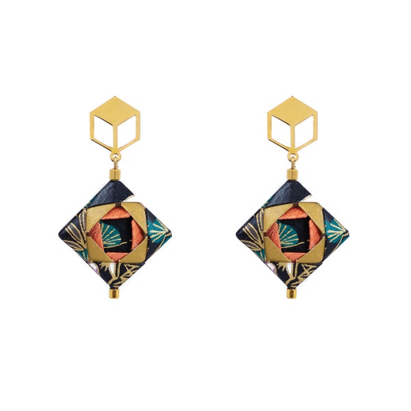 MOSAIK / 925er Silber Origami Ohrringe, hochwertiges japanisches Papier, wasserfest, schwarz, gold, Geschenk für Sie,Ohrringe, Schmuck aus Papier