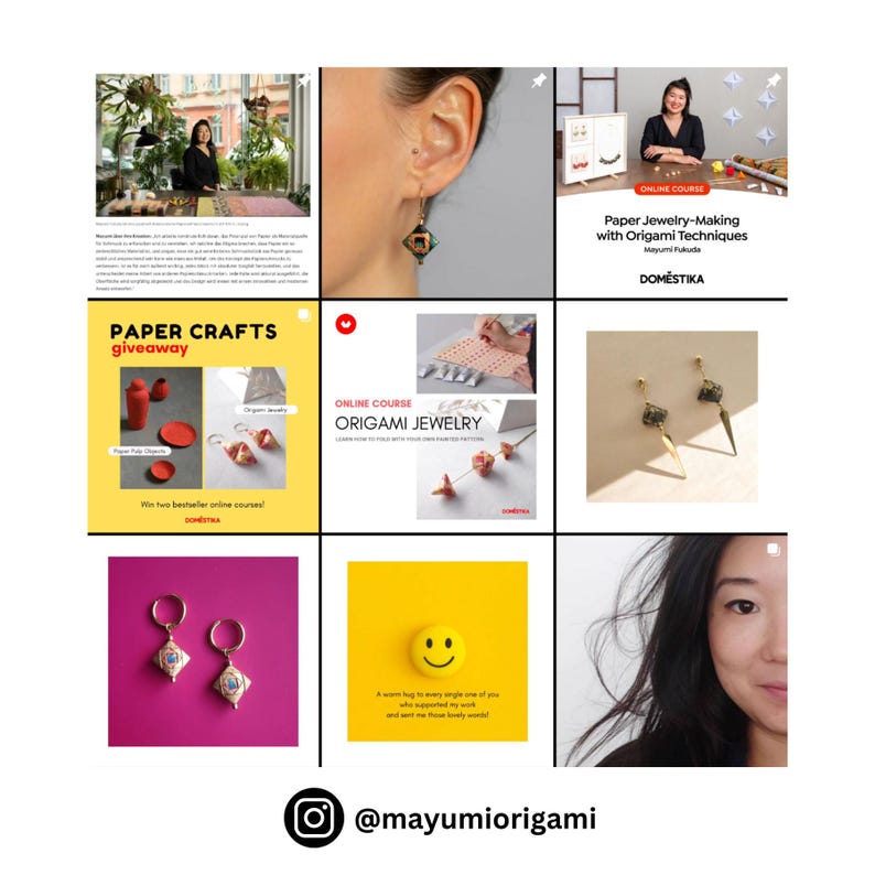 May include: A collage of images promoting an online course on paper jewelry making. The images show origami earrings, a close-up of a person's ear wearing origami earrings, and a woman teaching the course. The text on the image reads "Paper Jewelry-Making with Origami Techniques" and "DOMESTIKA".