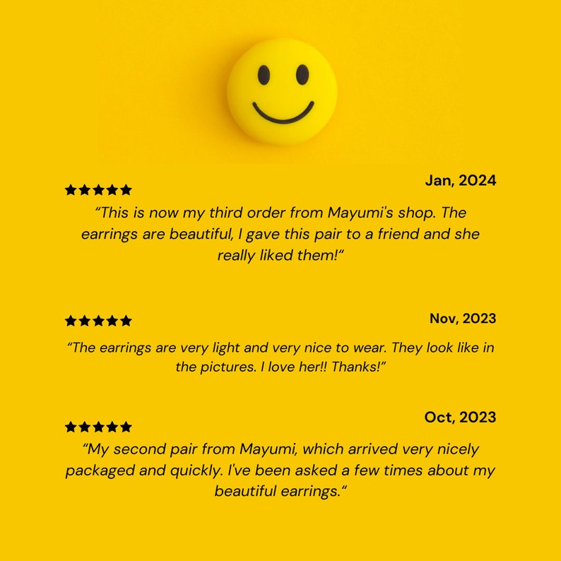 May include: Five-star reviews for earrings. The reviews highlight the earrings' beauty, lightness, and resemblance to the product photos. The reviews are dated January 2024, November 2023, and October 2023.