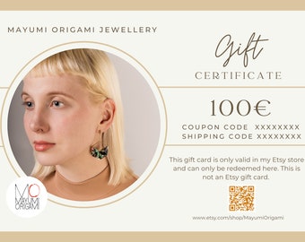 GIFT CARD/ 100 Euros Gift Certificate, Valid for 1 year, Printable PDF, Domestic shipping included, Birthday, Gift to her, Last minute Gift