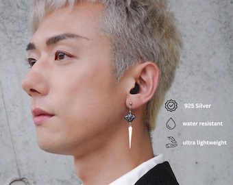 Silver Origami Drop Spike Earrings, water resistant Japanese paper, unisex jewelry, men earrings, black charm