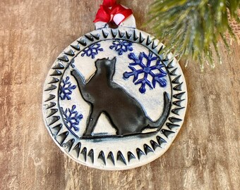 Handmade pottery ceramic Cat Christmas ornament