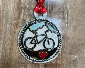 Handmade pottery mountain bike Christmas ornament