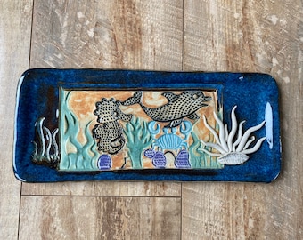 Handmade ceramic sea life dolphin sea horse crab pottery tray