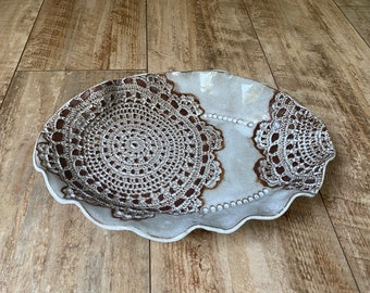 Handmade ceramic pottery white bowl with brown crochet doily