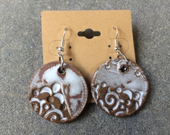 Handmade ceramic round earrings with 928 sterling silver hooks
