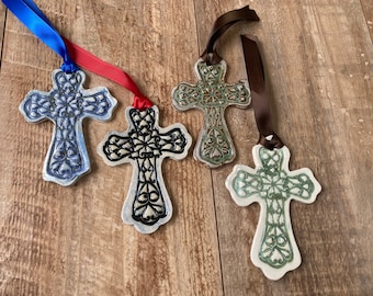 Handmade pottery cross Christmas ornament