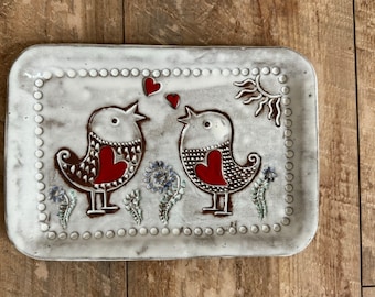 Handmade pottery rectangle tray with 2 birds