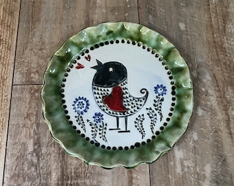 Ceramic handmade Bird and flowers round tray
