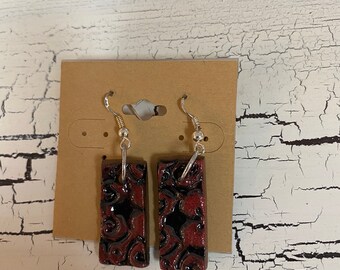 Handmade ceramic pottery earrings red black with sterling silver hooks